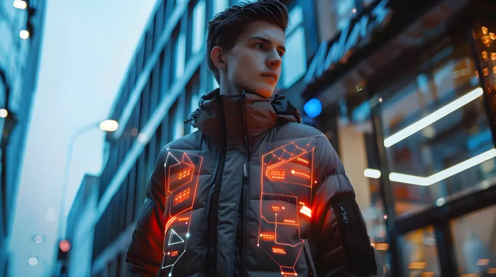 A model rocking a neon green jacket, standing out against a neutral cityscape background.